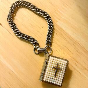 Vintage Bible Locket Charm Gold Tone White Beaded on Silver Tone Link Bracelet